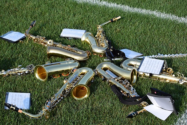 des saxophones posés dans l'herbe et qui forment une étoile